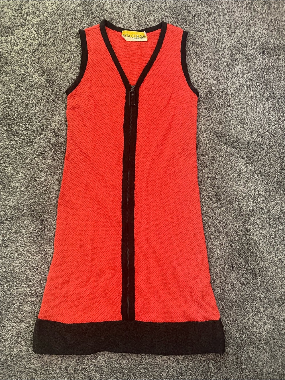 Vintage Knit Red Sleeveless Zip-Front Slip Dress with Black Trim